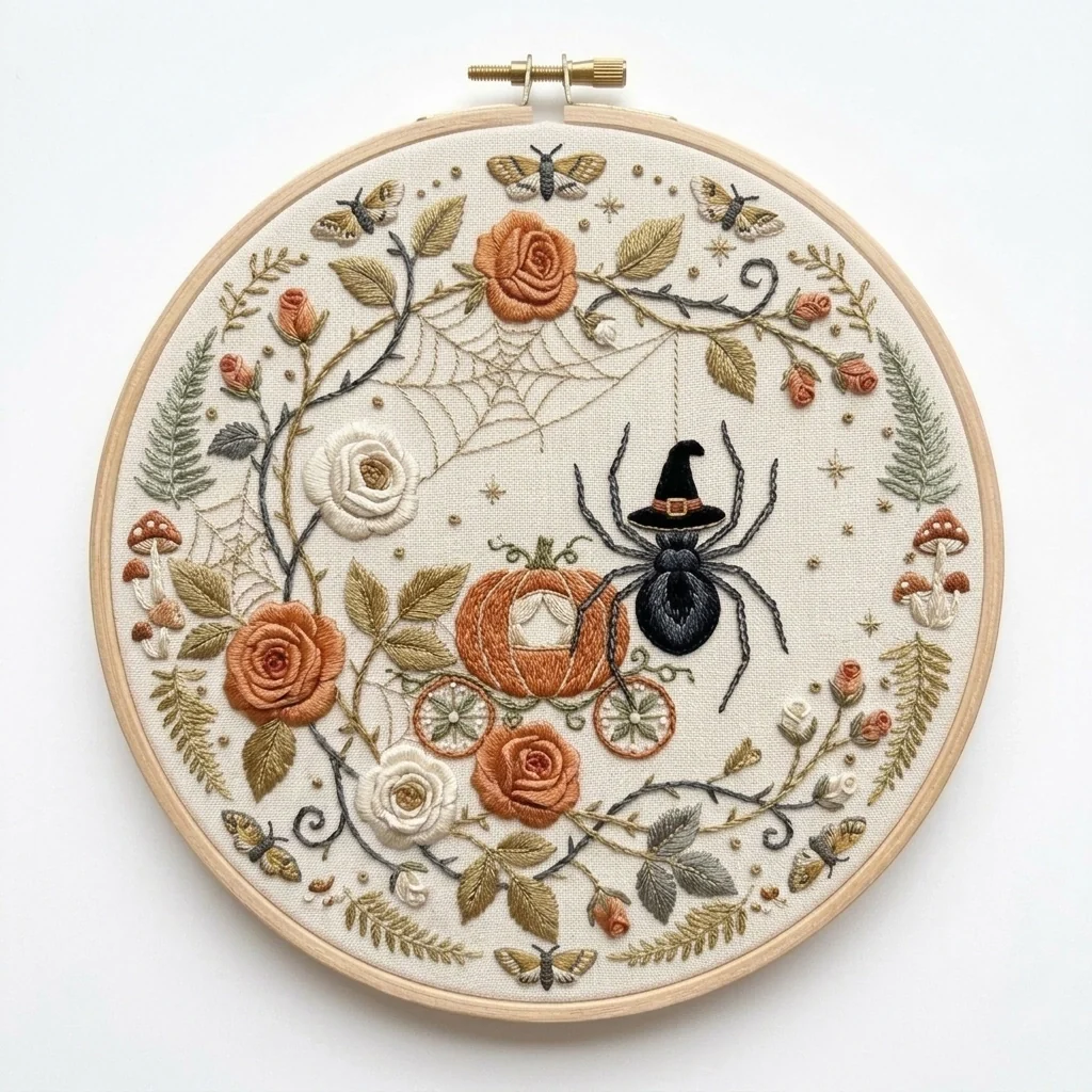 Witch Hat Spider with Pumpkin Carriage Roses and Webs colored hand embroidery design