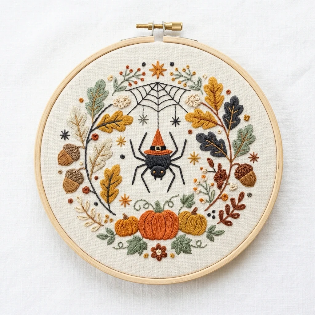 Witch Hat Spider, Pumpkins and Autumn Leaves colored hand embroidery design