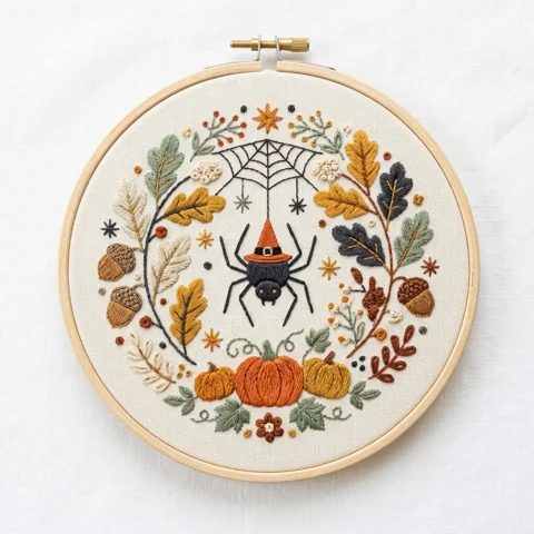 Witch Hat Spider, Pumpkins and Autumn Leaves hand embroidery design