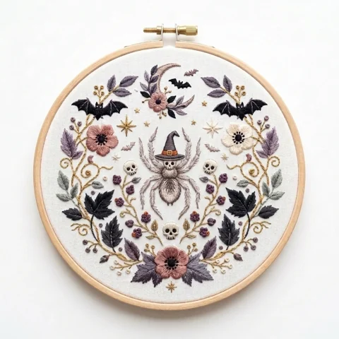 Witch Hat Spider with Skulls Bats and Botanical Flowers hand embroidery design