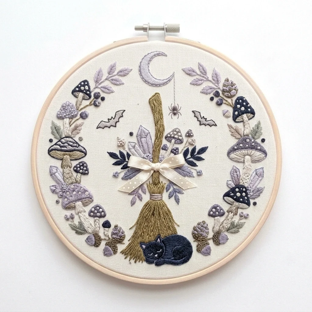 Witch's Broom with Sleeping Black Cat Mushrooms and Crescent Wreath colored hand embroidery design