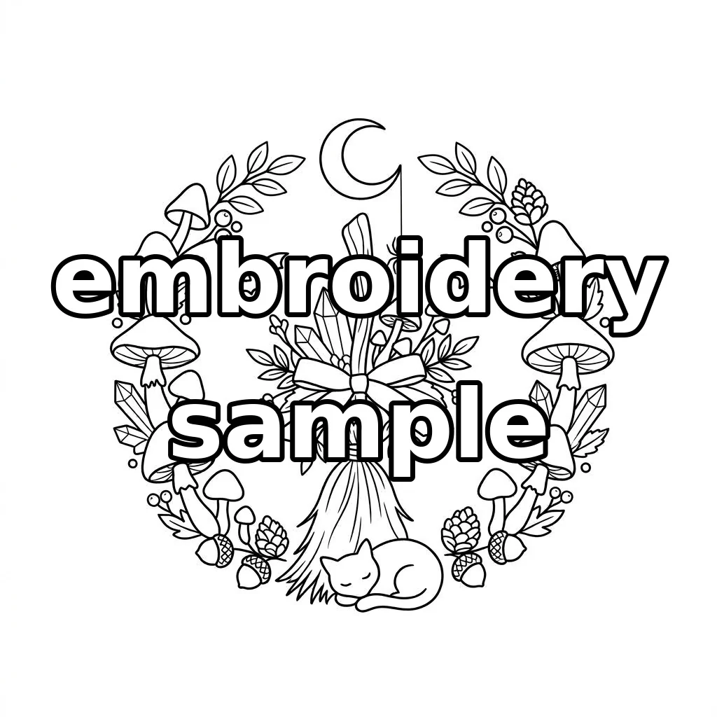 Watermarked Witch's Broom with Sleeping Black Cat Mushrooms and Crescent Wreath embroidery outline