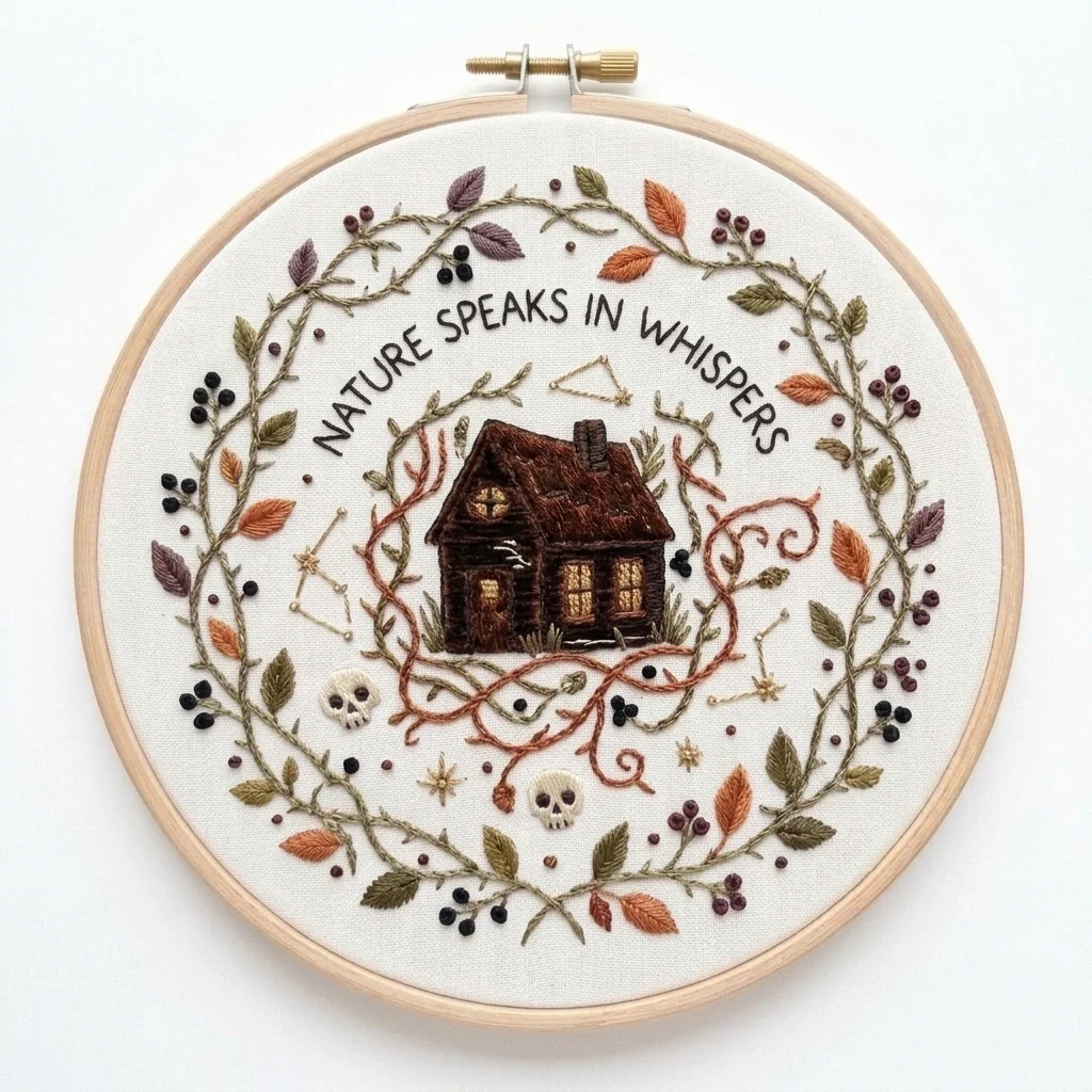 Woodland Cottage with Nature Speaks in Whispers Skulls Constellations colored hand embroidery design