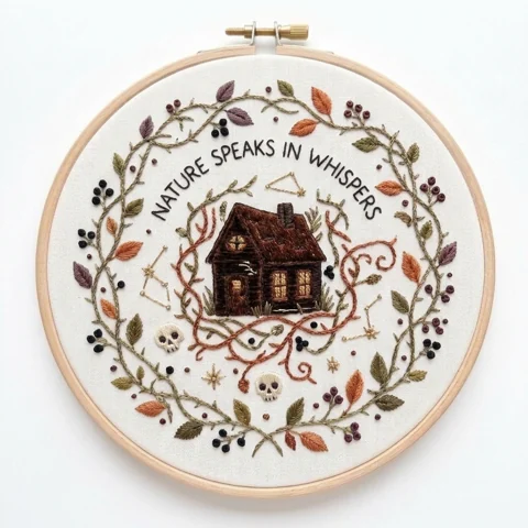 Woodland Cottage with Nature Speaks in Whispers Skulls Constellations hand embroidery design