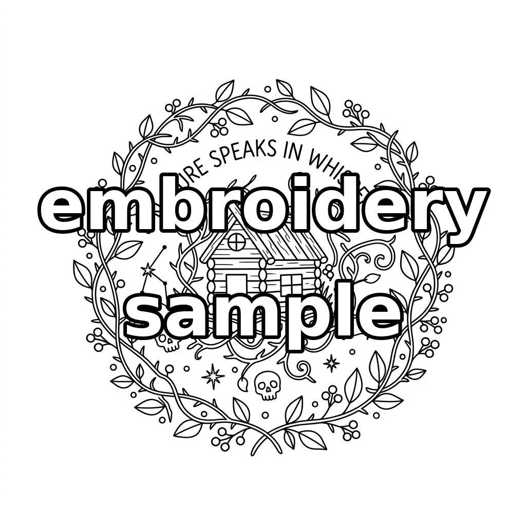 Watermarked Woodland Cottage with Nature Speaks in Whispers Skulls Constellations embroidery outline