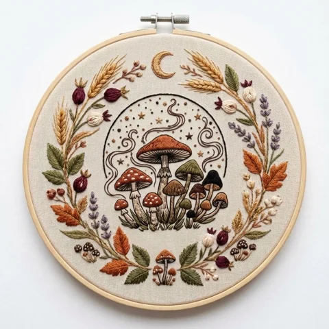 Woodland Mushroom Cluster with Crescent Moon Stars Wheat hand embroidery design