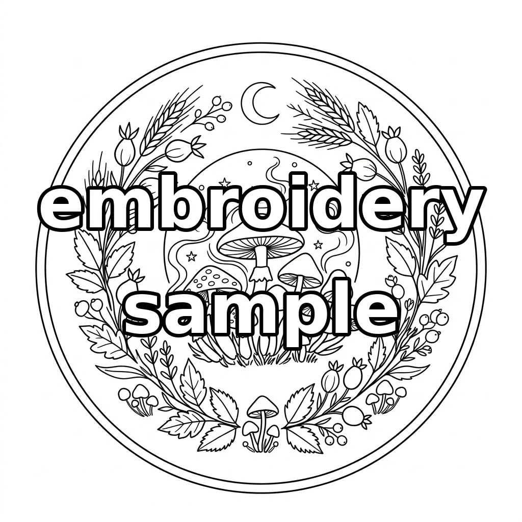 Watermarked Woodland Mushroom Cluster with Crescent Moon Stars Wheat embroidery outline