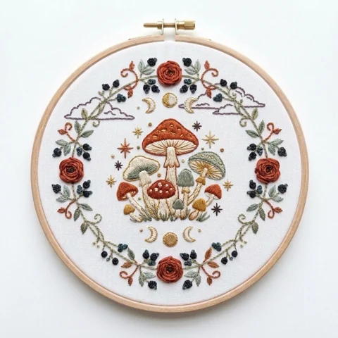 Woodland Mushroom Cluster with Rose and Berry Wreath Moon Phases hand embroidery design