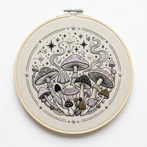 Woodland Mushroom Cluster with Starbursts Celestial Swirls and Grasses hand embroidery design