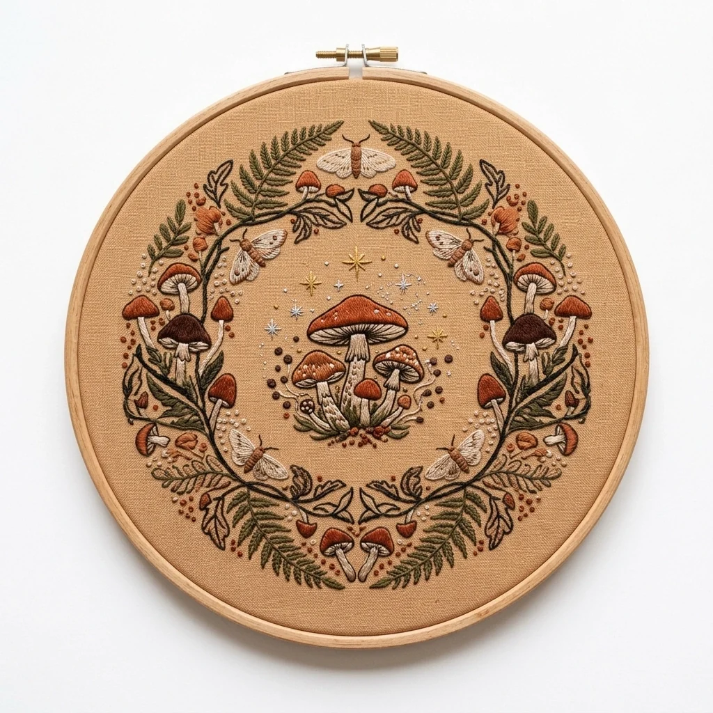 Woodland Mushroom Wreath with Five Moths Ferns Stars and Berries colored hand embroidery design