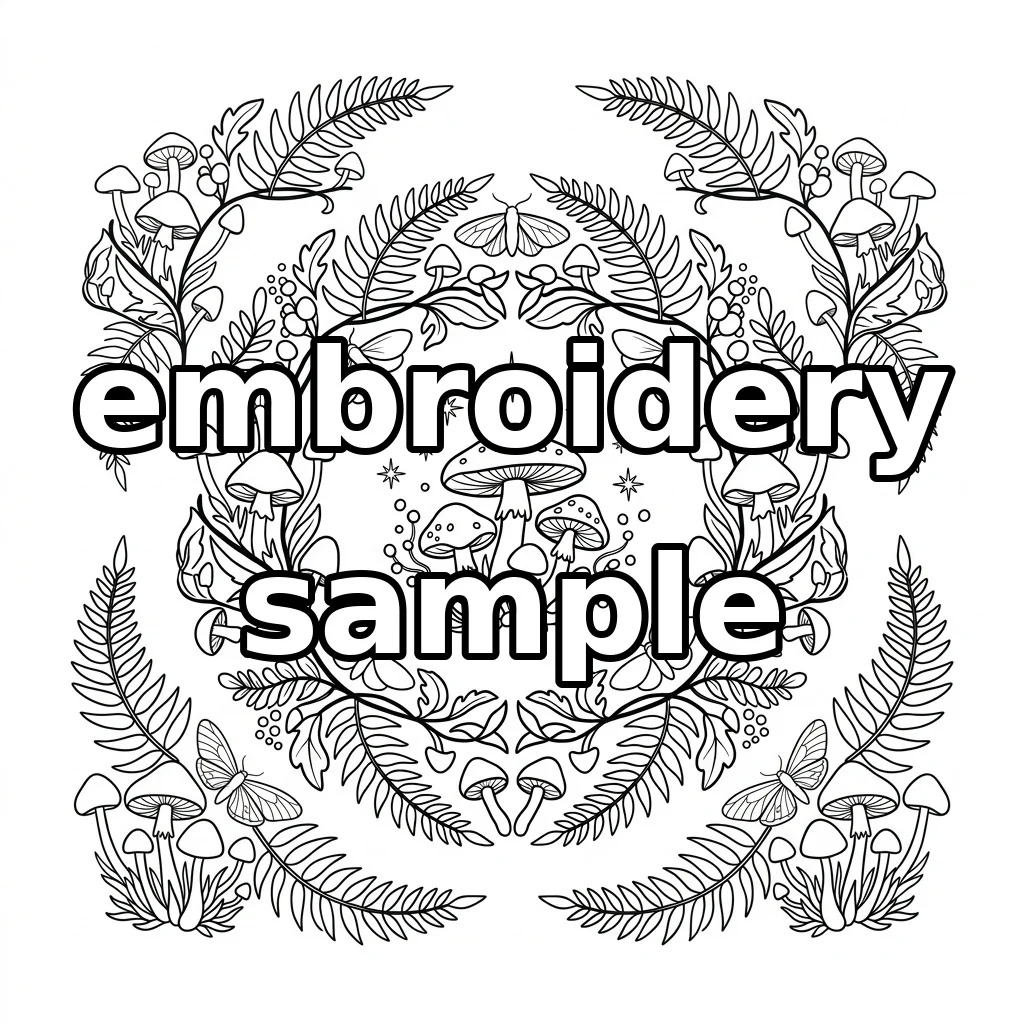 Watermarked Woodland Mushroom Wreath with Five Moths Ferns Stars and Berries embroidery outline