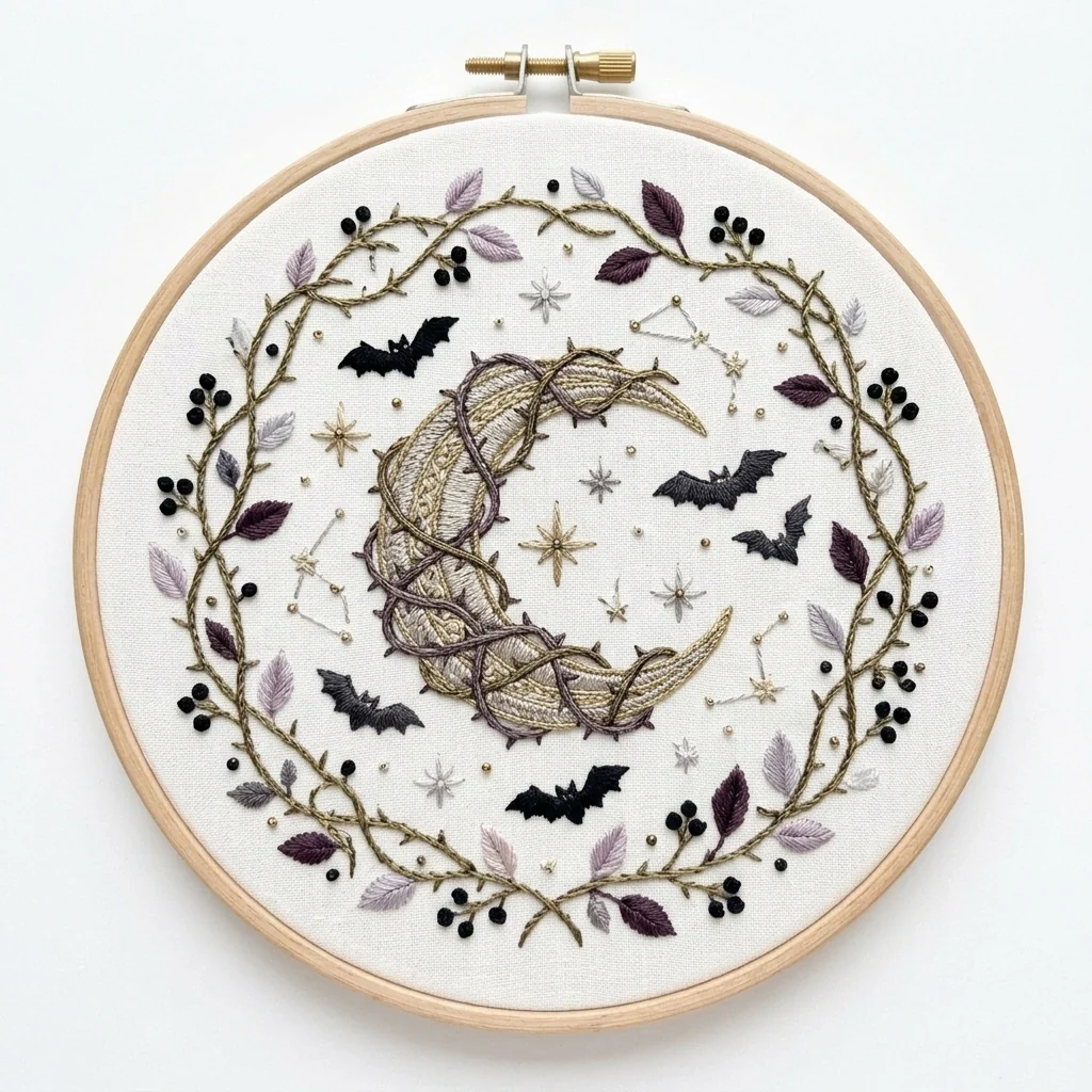 Wrapped Crescent Moon Bats Botanical Wreath colored hand embroidery design