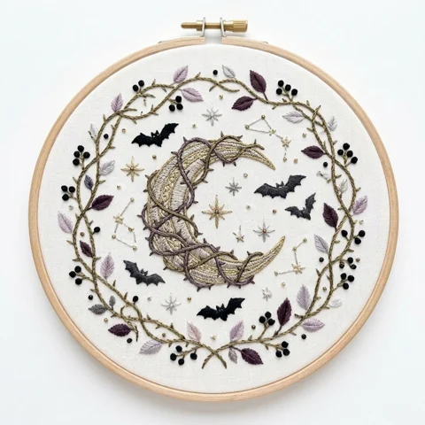 Wrapped Crescent Moon Bats Botanical Wreath hand embroidery design