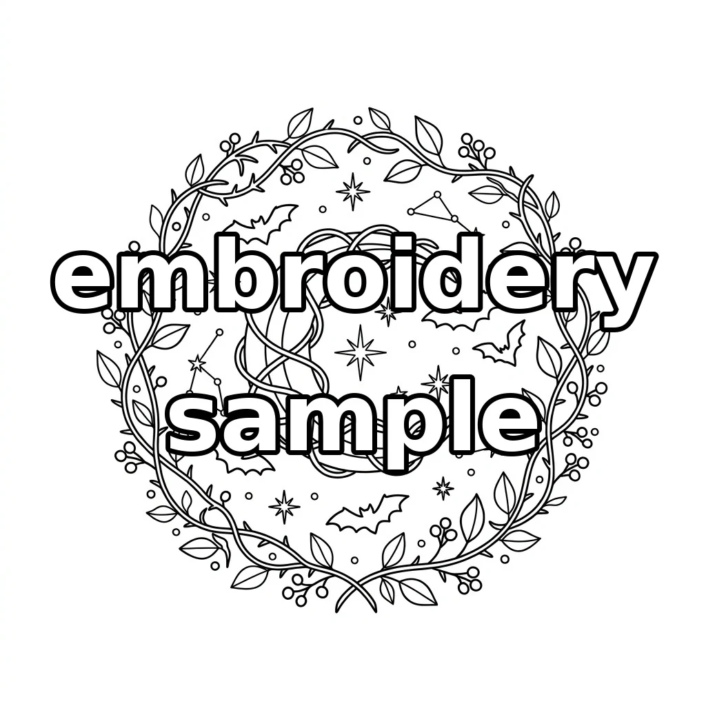 Watermarked Wrapped Crescent Moon Bats Botanical Wreath embroidery outline
