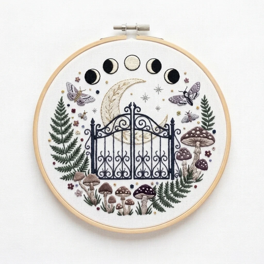 Wrought-Iron Moon Gate, Mushrooms and Ferns colored hand embroidery design