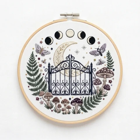 Wrought-Iron Moon Gate, Mushrooms and Ferns hand embroidery design