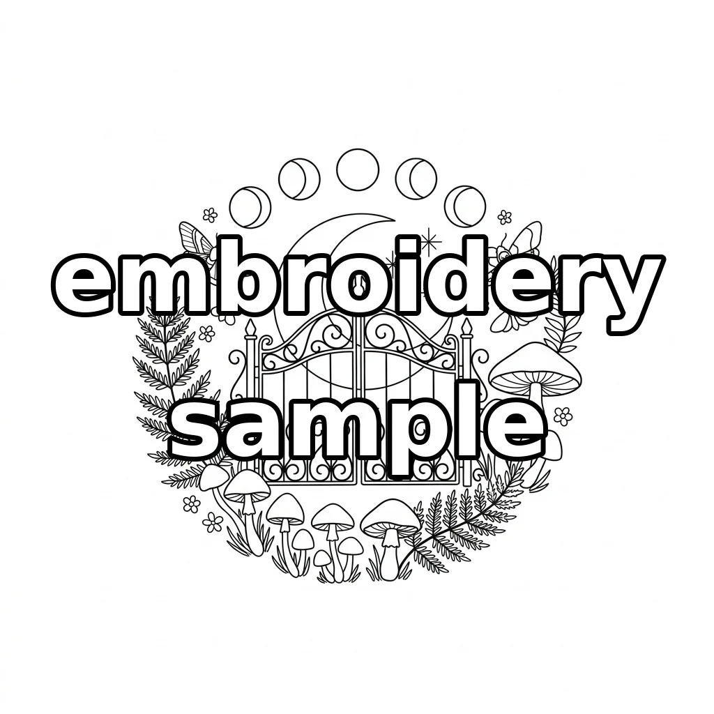 Watermarked Wrought-Iron Moon Gate, Mushrooms and Ferns embroidery outline